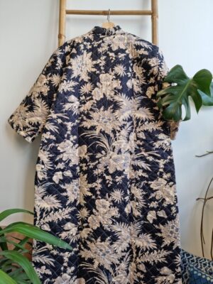 Quilted Pure Cotton Reversible Mid Length Unisex All Season Dressing Kimono Robe Boho Blockprint | Monochrome Black Beige Oriental Stripe - Image 5