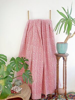 Kantha Stitch Pure Cotton Reversible Bed/Sofa Throw King Size | Handmade HandPrint Dohar White Pink Jaipur Floral Persian Pottery Motifs - Image 6