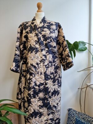Quilted Pure Cotton Reversible Mid Length Unisex All Season Dressing Kimono Robe Boho Blockprint | Monochrome Black Beige Oriental Stripe - Image 6