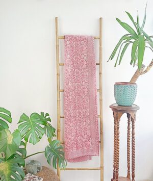 Kantha Stitch Pure Cotton Reversible Bed/Sofa Throw King Size | Handmade HandPrint Dohar White Pink Jaipur Floral Persian Pottery Motifs - Image 7