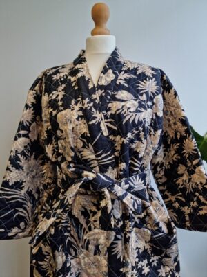 Quilted Pure Cotton Reversible Mid Length Unisex All Season Dressing Kimono Robe Boho Blockprint | Monochrome Black Beige Oriental Stripe - Image 7