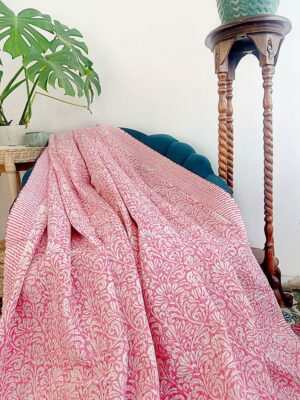 Kantha Stitch Pure Cotton Reversible Bed/Sofa Throw King Size | Handmade HandPrint Dohar White Pink Jaipur Floral Persian Pottery Motifs - Image 8