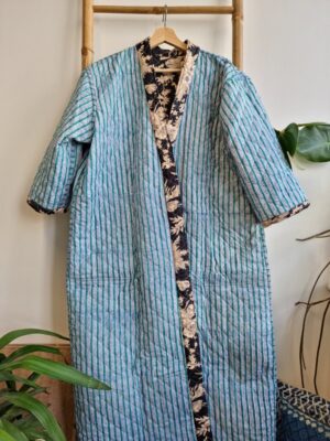 Quilted Pure Cotton Reversible Mid Length Unisex All Season Dressing Kimono Robe Boho Blockprint | Monochrome Black Beige Oriental Stripe - Image 8