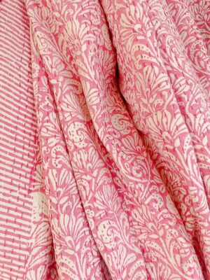 Kantha Stitch Pure Cotton Reversible Bed/Sofa Throw King Size | Handmade HandPrint Dohar White Pink Jaipur Floral Persian Pottery Motifs - Image 9