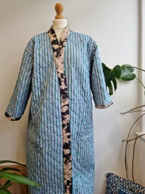 Quilted Pure Cotton Reversible Mid Length Unisex All Season Dressing Kimono Robe Boho Blockprint | Monochrome Black Beige Oriental Stripe - Image 9