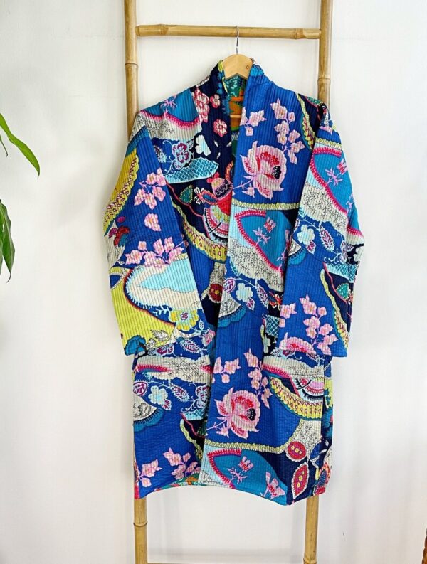 Quilted Unisex Cotton Knee Length Reversible Winter Dressing Kimono Robe Boho Japanese Abstract Quirky Blue Aqua Cosy Christmas Gift