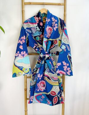 Quilted Unisex Cotton Knee Length Reversible Winter Dressing Kimono Robe Boho Japanese Abstract Quirky Blue Aqua Cosy Christmas Gift - Image 2