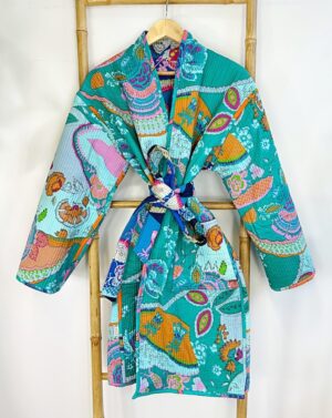 Quilted Unisex Cotton Knee Length Reversible Winter Dressing Kimono Robe Boho Japanese Abstract Quirky Blue Aqua Cosy Christmas Gift - Image 3
