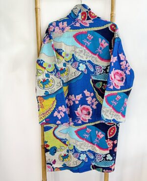 Quilted Unisex Cotton Knee Length Reversible Winter Dressing Kimono Robe Boho Japanese Abstract Quirky Blue Aqua Cosy Christmas Gift - Image 4