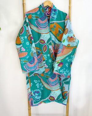 Quilted Unisex Cotton Knee Length Reversible Winter Dressing Kimono Robe Boho Japanese Abstract Quirky Blue Aqua Cosy Christmas Gift - Image 5