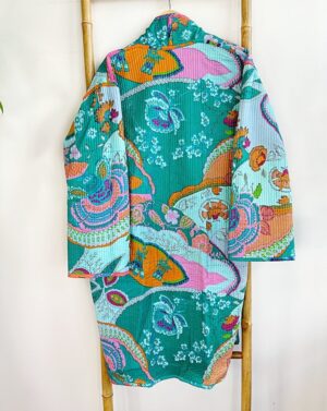 Quilted Unisex Cotton Knee Length Reversible Winter Dressing Kimono Robe Boho Japanese Abstract Quirky Blue Aqua Cosy Christmas Gift - Image 6