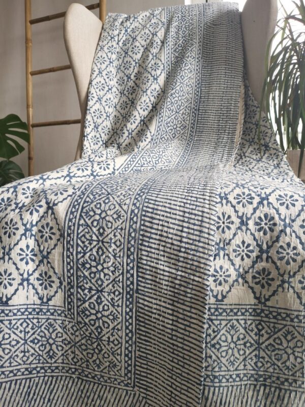 Kantha Stitch Pure Cotton Reversible Bed/Sofa Throw King Size | Handmade HandPrinted Floral Dohar | Diamond Weave Petal