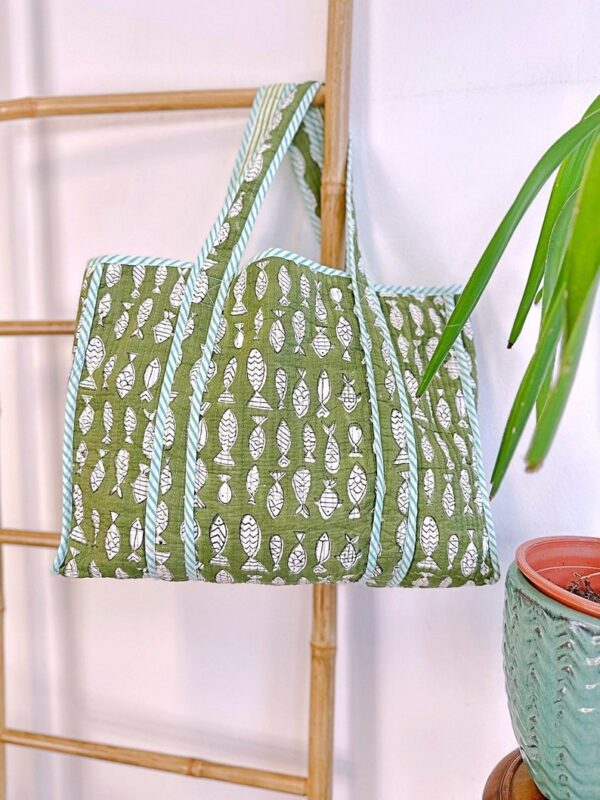 Quilted Cotton Handprinted Reversible Large Green Fish Tote Bag Eco friendly Sustainable Sturdy Grocery Shopping Handmade Artist Boho