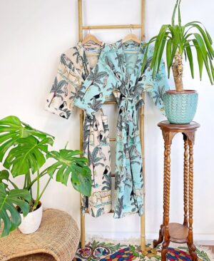 Pure Waffle Cotton Unisex Handprint House Bath Dressing Robe | Floral Spa Beach Coverup | Spring Pastel Aqua Jungle Safari Animal Cheetah - Image 10