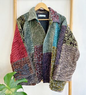 Luxury Velvet Boho Quirky Bolero Urban Chic Artisan Coat Patchwork Stonewash Jacket Winter Christmas Luxury Gift | Regal Classic Grey Love - Image 2