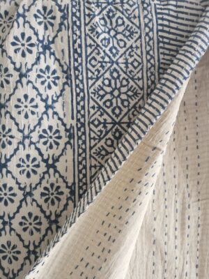 Kantha Stitch Pure Cotton Reversible Bed/Sofa Throw King Size | Handmade HandPrinted Floral Dohar | Diamond Weave Petal - Image 2