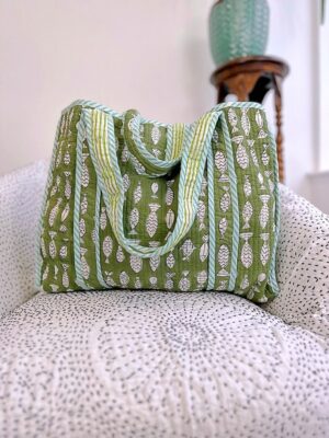 Quilted Cotton Handprinted Reversible Large Green Fish Tote Bag Eco friendly Sustainable Sturdy Grocery Shopping Handmade Artist Boho - Image 2