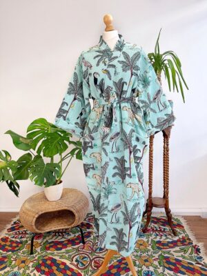 Pure Waffle Cotton Unisex Handprint House Bath Dressing Robe | Floral Spa Beach Coverup | Spring Pastel Aqua Jungle Safari Animal Cheetah - Image 3