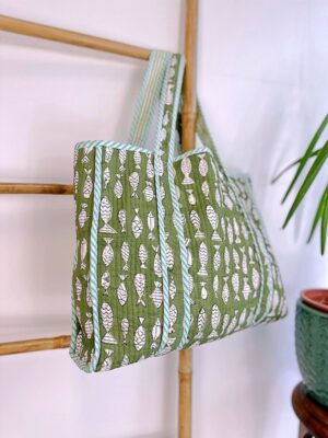 Quilted Cotton Handprinted Reversible Large Green Fish Tote Bag Eco friendly Sustainable Sturdy Grocery Shopping Handmade Artist Boho - Image 3