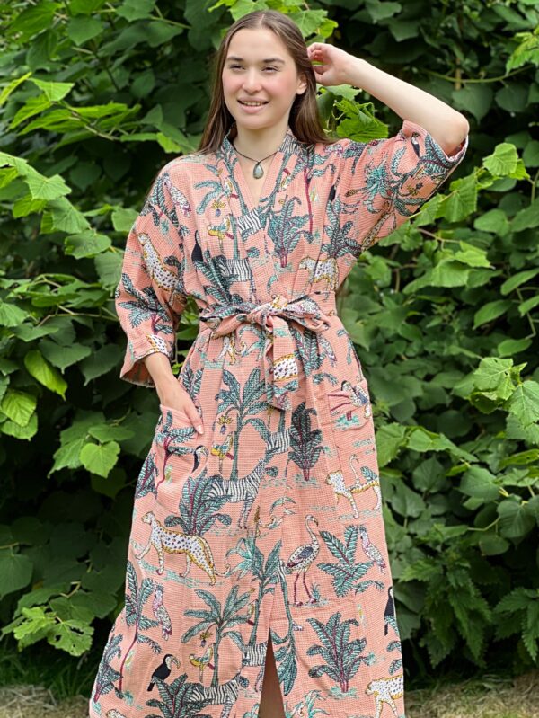 Pure Waffle Cotton Handprint House Bath Robe Summer Kimono | Bridal Boho Floral Spa Beach Coverup Spring Peach Jungle Safari Animal Cheetah