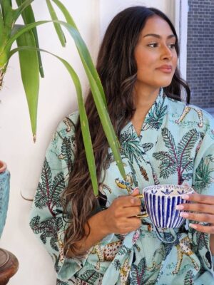 Pure Waffle Cotton Unisex Handprint House Bath Dressing Robe | Floral Spa Beach Coverup | Spring Pastel Aqua Jungle Safari Animal Cheetah - Image 4