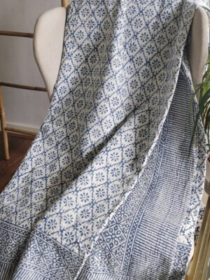 Kantha Stitch Pure Cotton Reversible Bed/Sofa Throw King Size | Handmade HandPrinted Floral Dohar | Diamond Weave Petal - Image 4