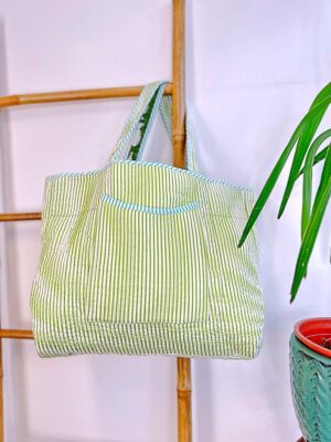 Quilted Cotton Handprinted Reversible Large Green Fish Tote Bag Eco friendly Sustainable Sturdy Grocery Shopping Handmade Artist Boho - Image 4