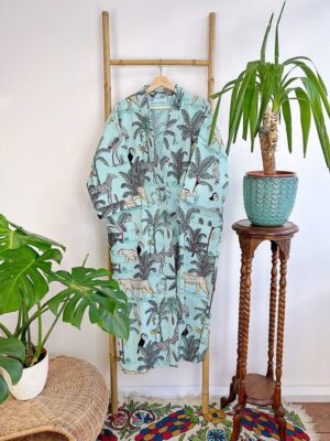 Pure Waffle Cotton Unisex Handprint House Bath Dressing Robe | Floral Spa Beach Coverup | Spring Pastel Aqua Jungle Safari Animal Cheetah - Image 5
