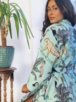 Pure Waffle Cotton Unisex Handprint House Bath Dressing Robe | Floral Spa Beach Coverup | Spring Pastel Aqua Jungle Safari Animal Cheetah - Image 6