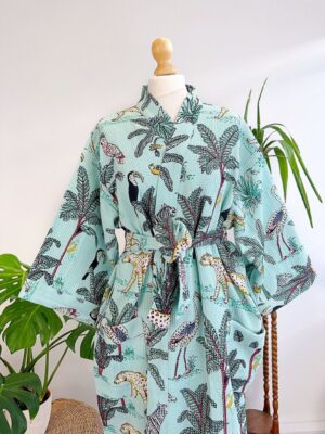 Pure Waffle Cotton Unisex Handprint House Bath Dressing Robe | Floral Spa Beach Coverup | Spring Pastel Aqua Jungle Safari Animal Cheetah - Image 7