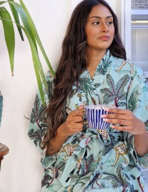 Pure Waffle Cotton Unisex Handprint House Bath Dressing Robe | Floral Spa Beach Coverup | Spring Pastel Aqua Jungle Safari Animal Cheetah - Image 8