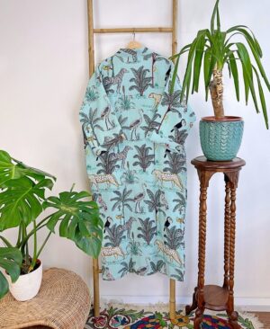 Pure Waffle Cotton Unisex Handprint House Bath Dressing Robe | Floral Spa Beach Coverup | Spring Pastel Aqua Jungle Safari Animal Cheetah - Image 9