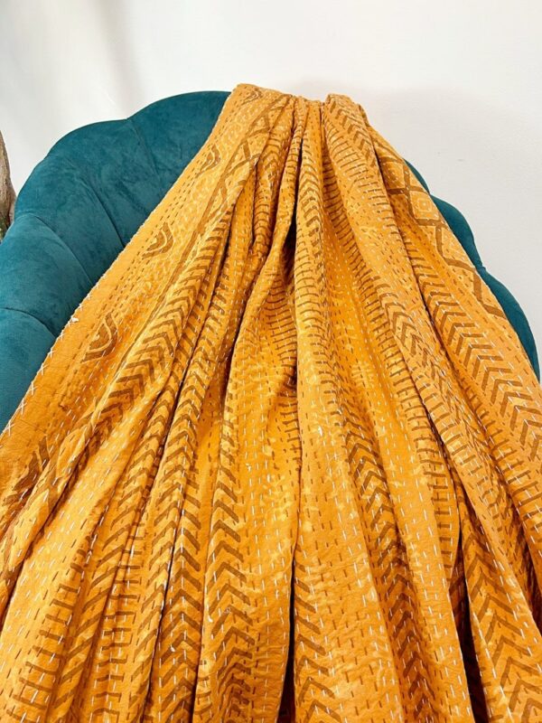 Kantha Stitch Pure Cotton Reversible Bed/Sofa Throw King Size Handmade Indian Dohar Elegant Rustic Mustard Yellow Chevron Geometric Diamond