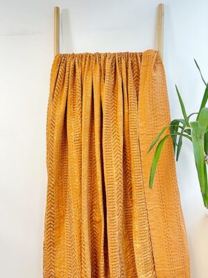 Kantha Stitch Pure Cotton Reversible Bed/Sofa Throw King Size Handmade Indian Dohar Elegant Rustic Mustard Yellow Chevron Geometric Diamond - Image 4