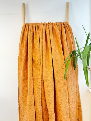 Kantha Stitch Pure Cotton Reversible Bed/Sofa Throw King Size Handmade Indian Dohar Elegant Rustic Mustard Yellow Chevron Geometric Diamond - Image 5