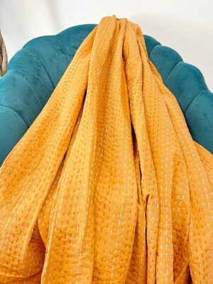 Kantha Stitch Pure Cotton Reversible Bed/Sofa Throw King Size Handmade Indian Dohar Elegant Rustic Mustard Yellow Chevron Geometric Diamond - Image 7
