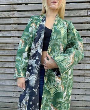 Quilted Unisex Pure Cotton Reversible Knee Short Length Jacket Dressing Robe Boho Jungle Cheetah Animal Totem | Black Green Tiger Monkey - Image 2