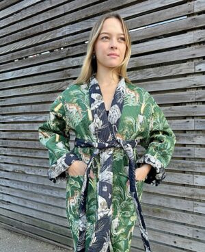 Quilted Unisex Pure Cotton Reversible Knee Short Length Jacket Dressing Robe Boho Jungle Cheetah Animal Totem | Black Green Tiger Monkey - Image 4