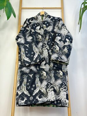 Quilted Unisex Pure Cotton Reversible Knee Short Length Jacket Dressing Robe Boho Jungle Cheetah Animal Totem | Black Green Tiger Monkey - Image 8