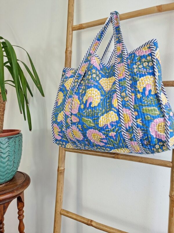 Quilted Cotton Handprinted Reversible Blue Pansy Garden Tote Bag Eco friendly Sustainable Sturdy Grocery Shopping Handmade Artist Boho