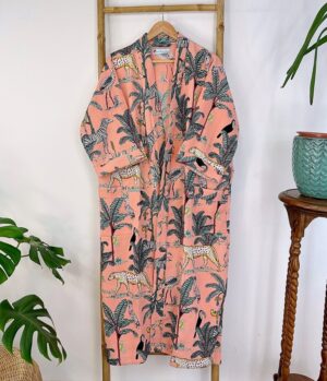 Pure Waffle Cotton Handprint House Bath Robe Summer Kimono | Bridal Boho Floral Spa Beach Coverup Spring Peach Jungle Safari Animal Cheetah - Image 2