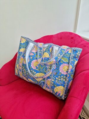 Quilted Cotton Handprinted Reversible Blue Pansy Garden Tote Bag Eco friendly Sustainable Sturdy Grocery Shopping Handmade Artist Boho - Image 2