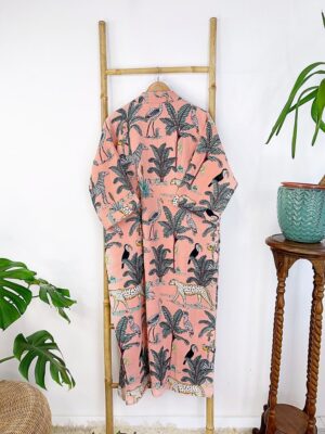 Pure Waffle Cotton Handprint House Bath Robe Summer Kimono | Bridal Boho Floral Spa Beach Coverup Spring Peach Jungle Safari Animal Cheetah - Image 3
