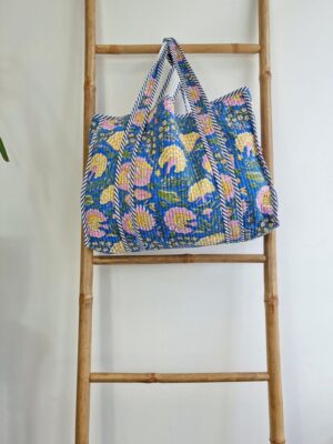 Quilted Cotton Handprinted Reversible Blue Pansy Garden Tote Bag Eco friendly Sustainable Sturdy Grocery Shopping Handmade Artist Boho - Image 3