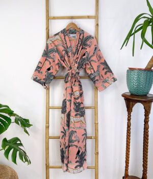 Pure Waffle Cotton Handprint House Bath Robe Summer Kimono | Bridal Boho Floral Spa Beach Coverup Spring Peach Jungle Safari Animal Cheetah - Image 4