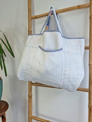 Quilted Cotton Handprinted Reversible Blue Pansy Garden Tote Bag Eco friendly Sustainable Sturdy Grocery Shopping Handmade Artist Boho - Image 4