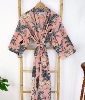 Pure Waffle Cotton Handprint House Bath Robe Summer Kimono | Bridal Boho Floral Spa Beach Coverup Spring Peach Jungle Safari Animal Cheetah - Image 5