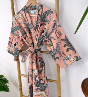 Pure Waffle Cotton Handprint House Bath Robe Summer Kimono | Bridal Boho Floral Spa Beach Coverup Spring Peach Jungle Safari Animal Cheetah - Image 6
