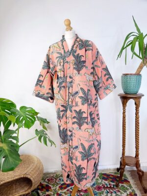 Pure Waffle Cotton Handprint House Bath Robe Summer Kimono | Bridal Boho Floral Spa Beach Coverup Spring Peach Jungle Safari Animal Cheetah - Image 7