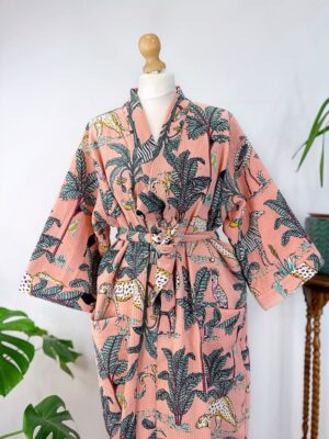 Pure Waffle Cotton Handprint House Bath Robe Summer Kimono | Bridal Boho Floral Spa Beach Coverup Spring Peach Jungle Safari Animal Cheetah - Image 9